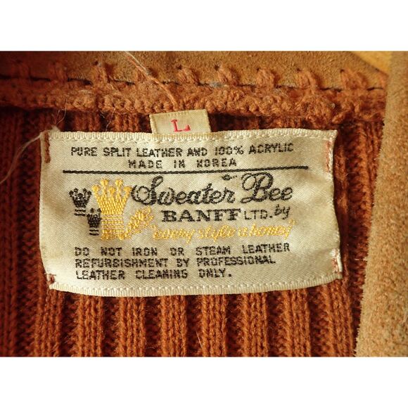 Sweater Bee Vintage 70’s Leather Knit Jacket Large Banff Orange Boho Mod Indie - Picture 8 of 8